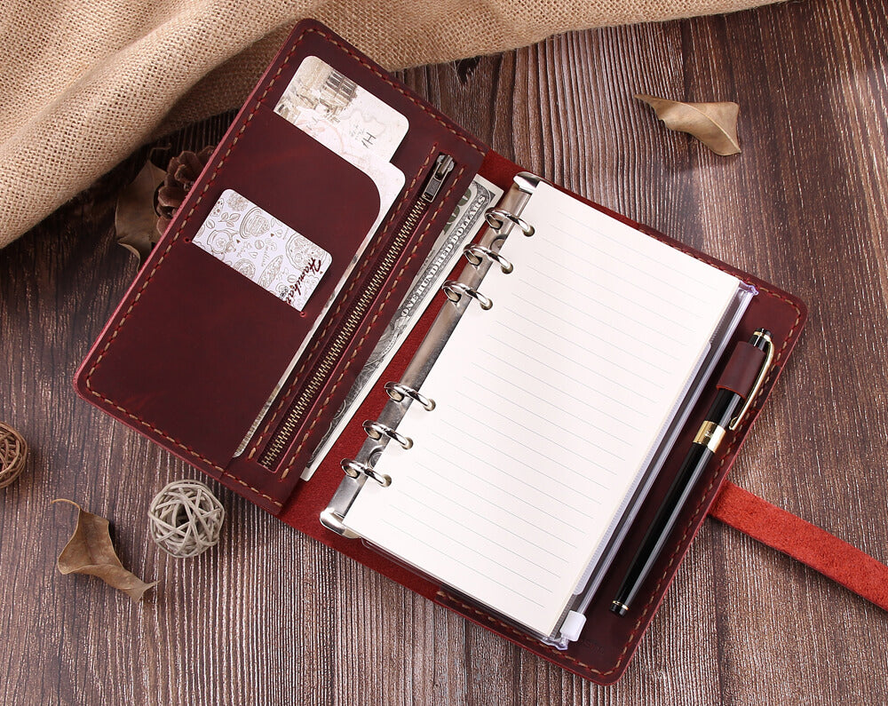 Wonderpool Leather Journal A6 Refillable 6 Ring Binder Notebook with Lined Paper and Pen,Writing Diary for Work Travel and Agenda Plan (A6, Wine Red)