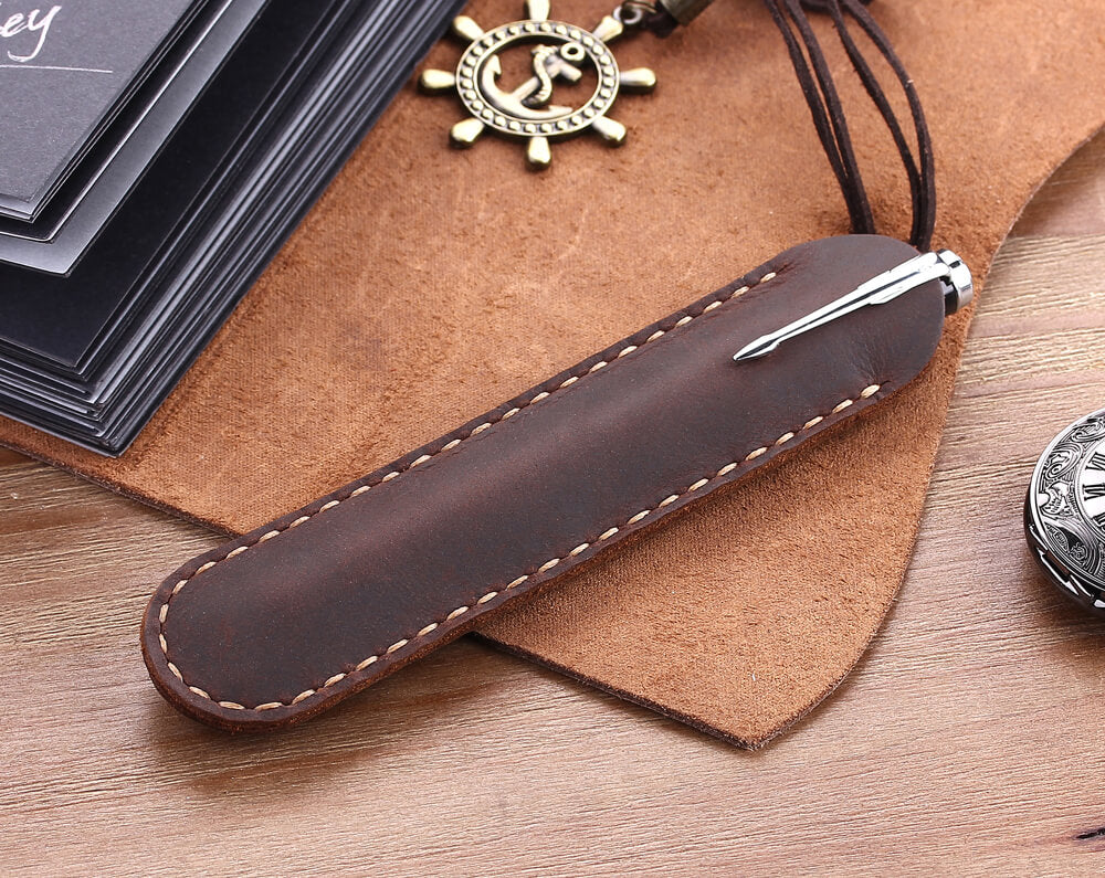 Genuine Leather Fountain Pen Case Cowhide Black 3 Pen Holder Case Pouch
