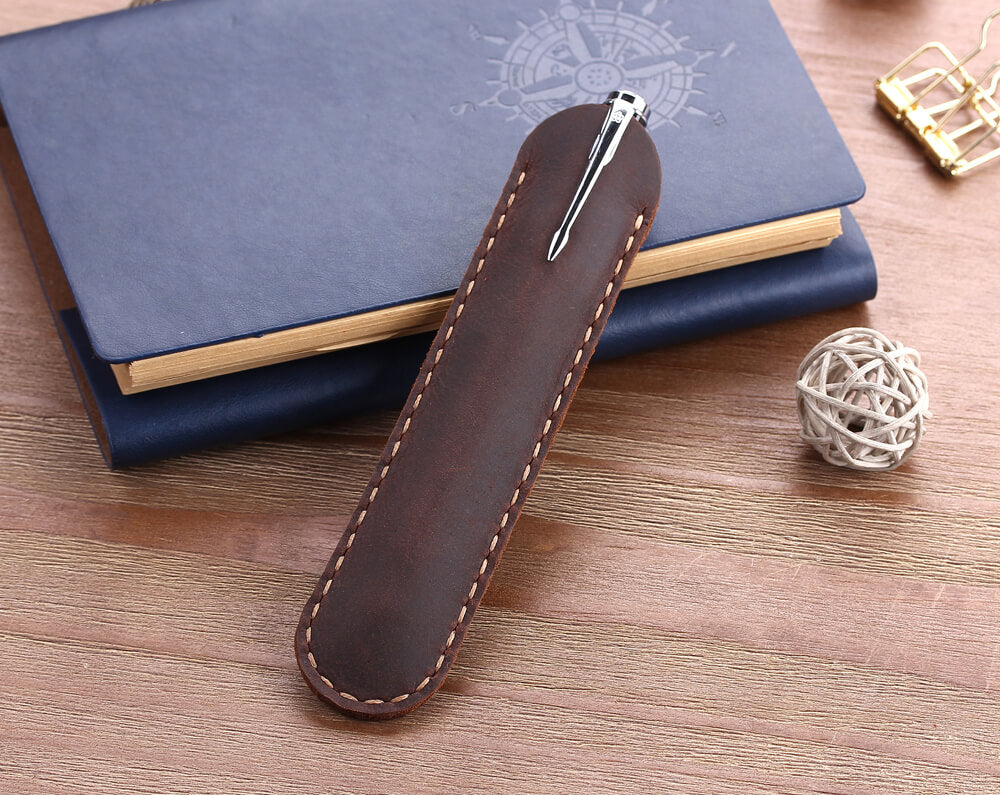 Genuine Leather Fountain Pen Case Cowhide Black 3 Pen Holder Case Pouch