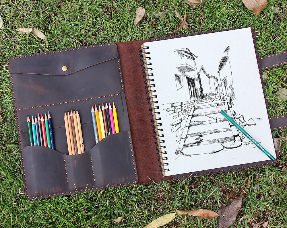 Leather sketchbook cover case for sketch pad 9 x 12 , Artist Drawing Sketch  Pad Holder portfolio