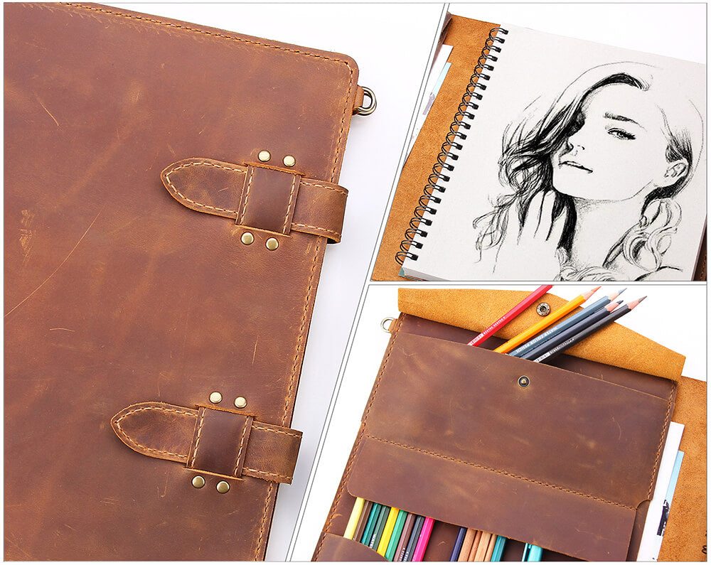 Leather sketchbook cover case for sketch pad 9 x 12 , Artist Drawing Sketch  Pad Holder portfolio